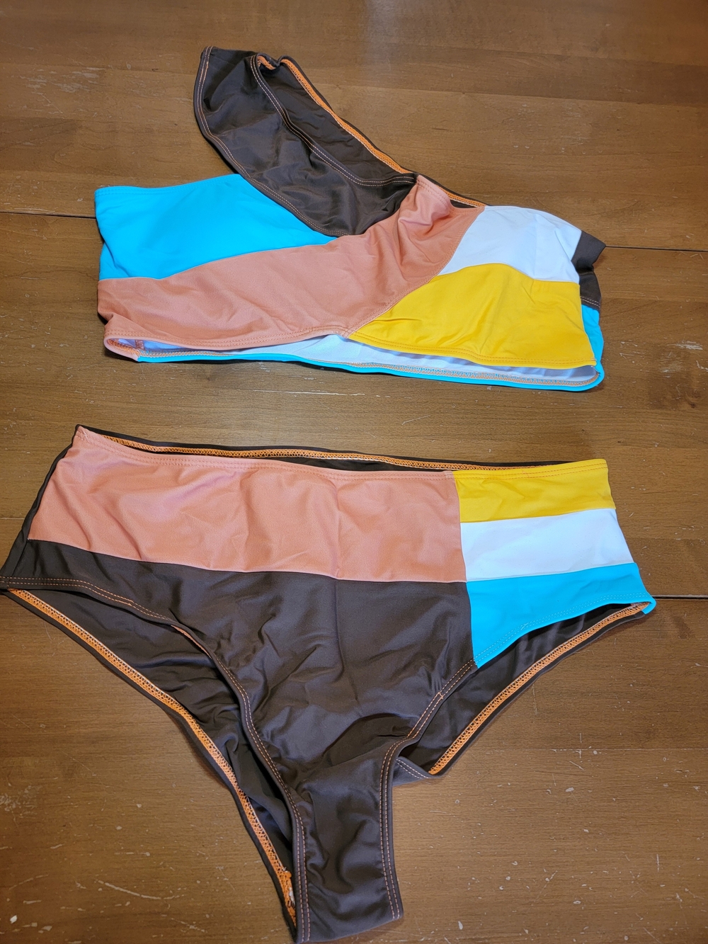 *SALE 2/$20* Color-Block One-Shoulder Bikini in Brown Peach & Turquoise Sz XL
